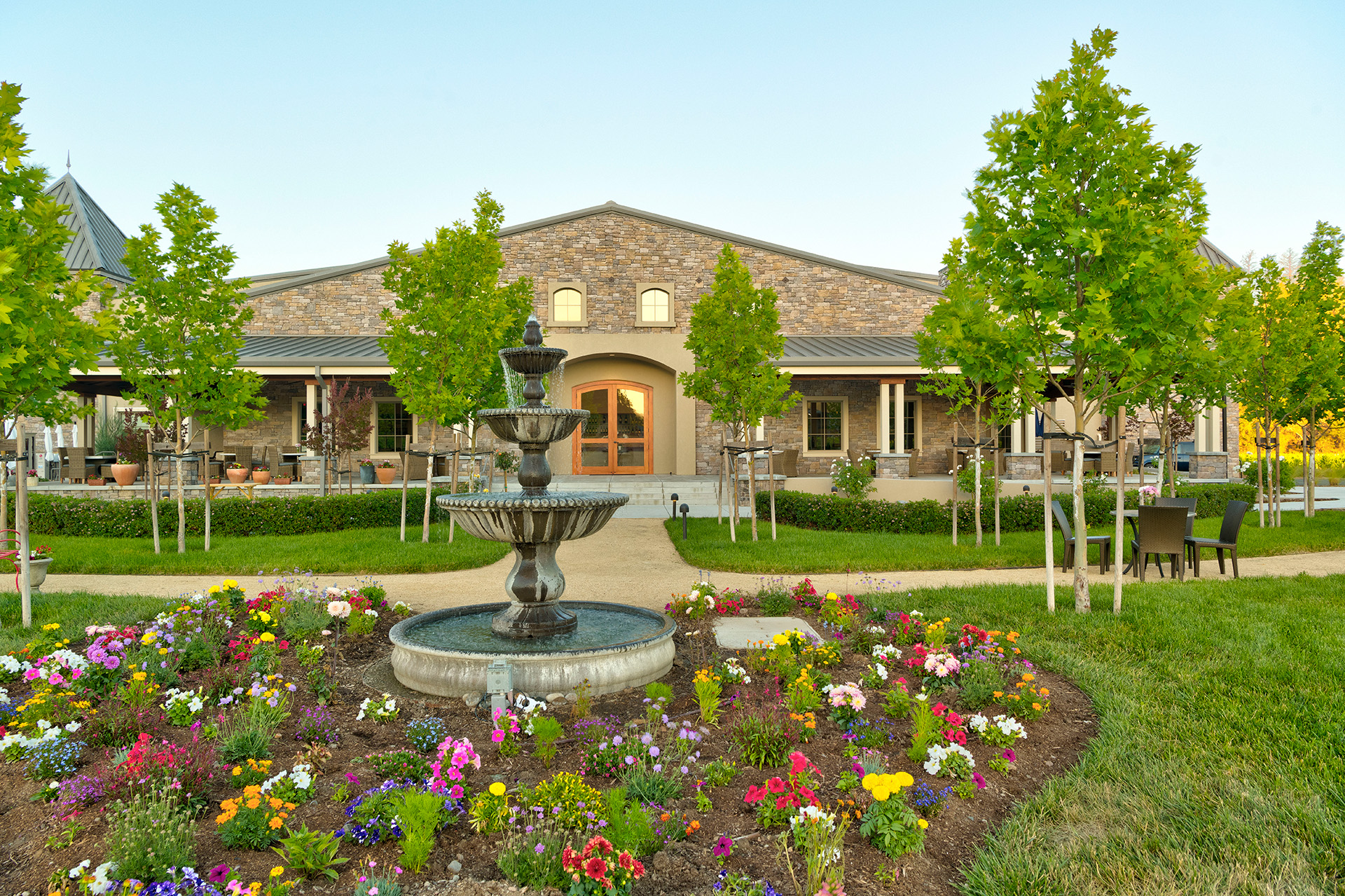 Girard Winery estate entrance with fountain and gardens