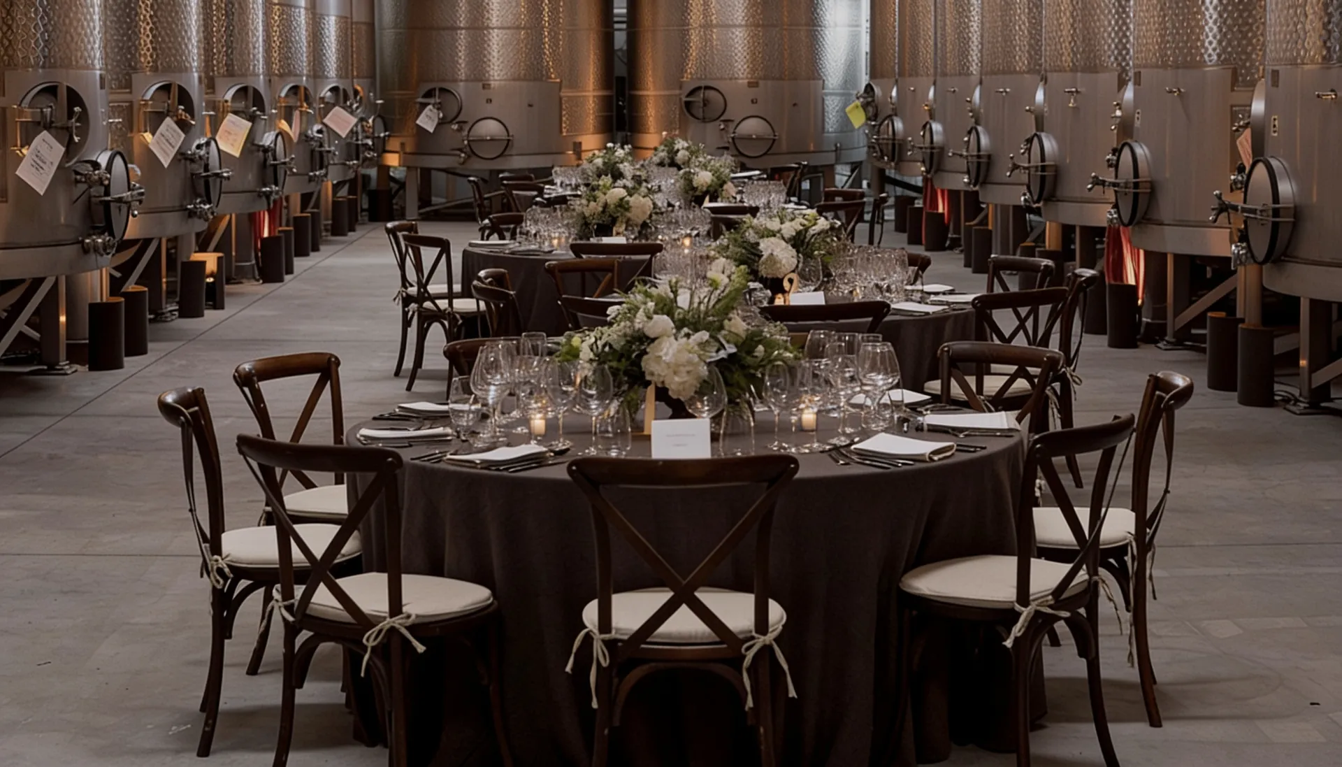 Elegant private event setup in the Girard winery tank room