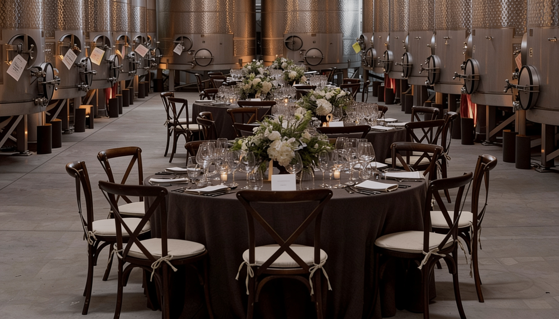 Elegant private event setup in the Girard winery tank room